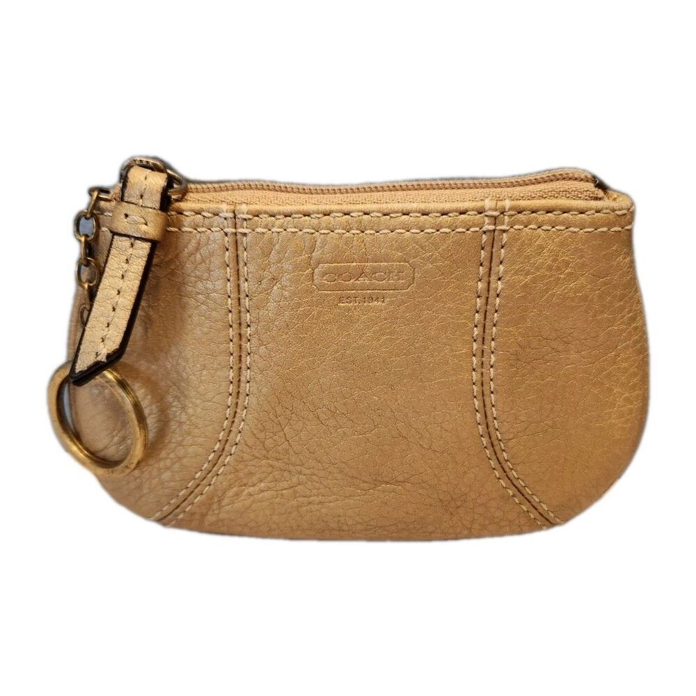 Coach Gold Pebble Leather Coin Purse Keychain Pouch Metallic Zip Mini Wallet Y2K